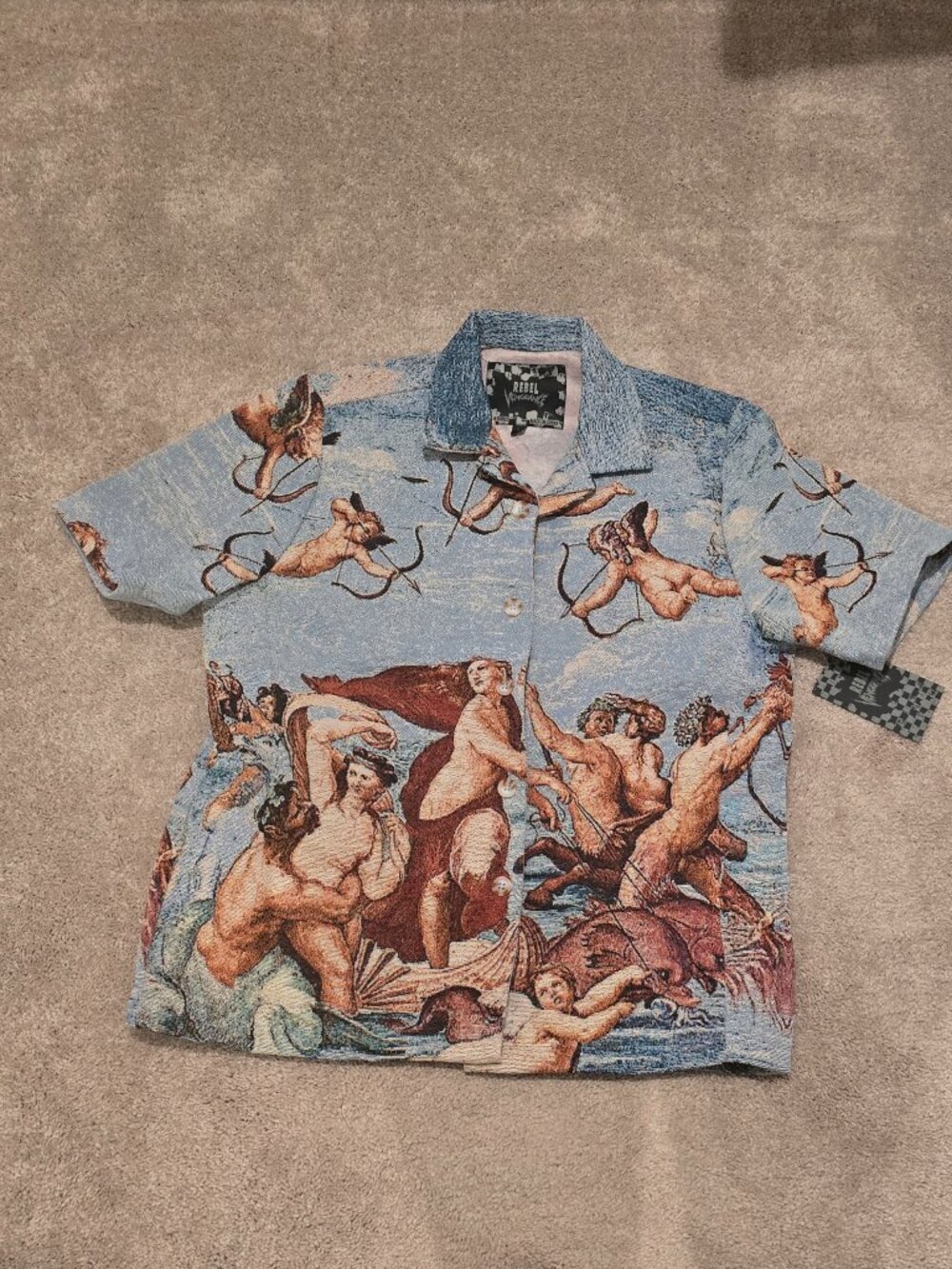 Rebel Vengeance Tapestry Shirt Jacket Mens Large Renaissance Angel Cherub Art